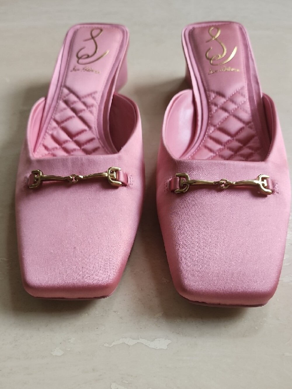 New! Sam Edelman Satin Pink Slide Mules with Gold Bit Detail - Picture 4 of 4